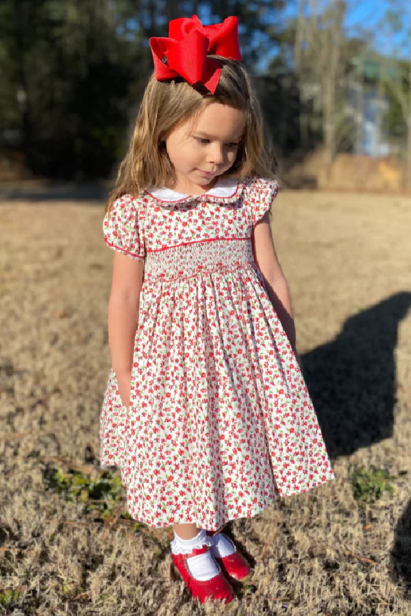 Lulu Bebe Smocked Christmas Red Floral Dress 6