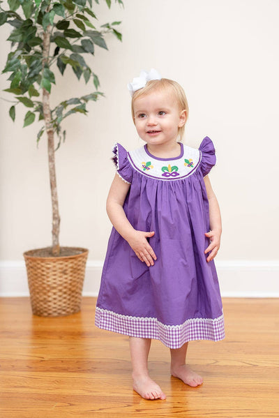 Purple and Gingham Mardi Gras Smocked Bishop Dress - Lil Cactus