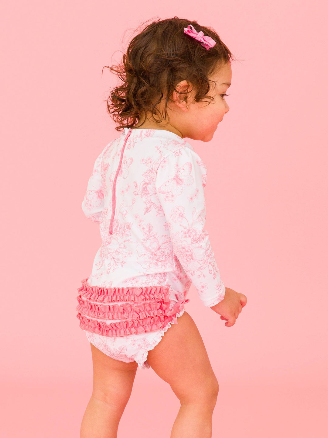 Pink Toile L/S Baby Girl Swimsuit - RuffleButts