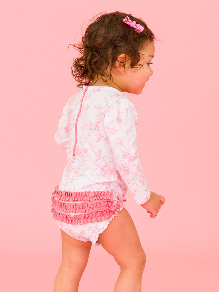 Pink Toile L/S Baby Girl Swimsuit - RuffleButts