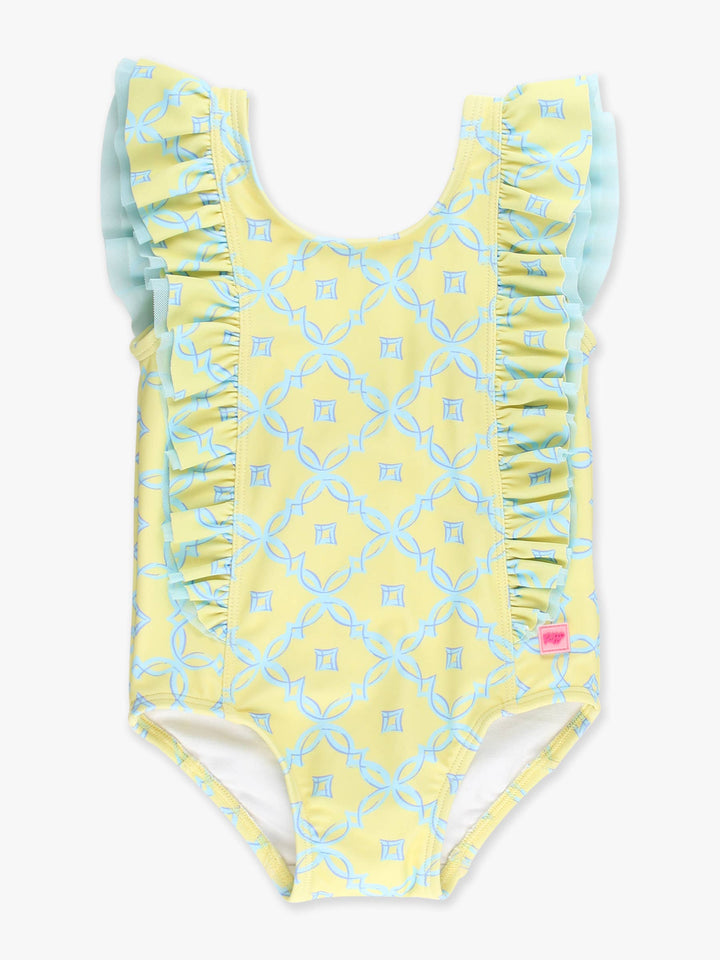 Girls Banana Coastal Charm Waterfall One Piece Swimsuit - RuffleButts