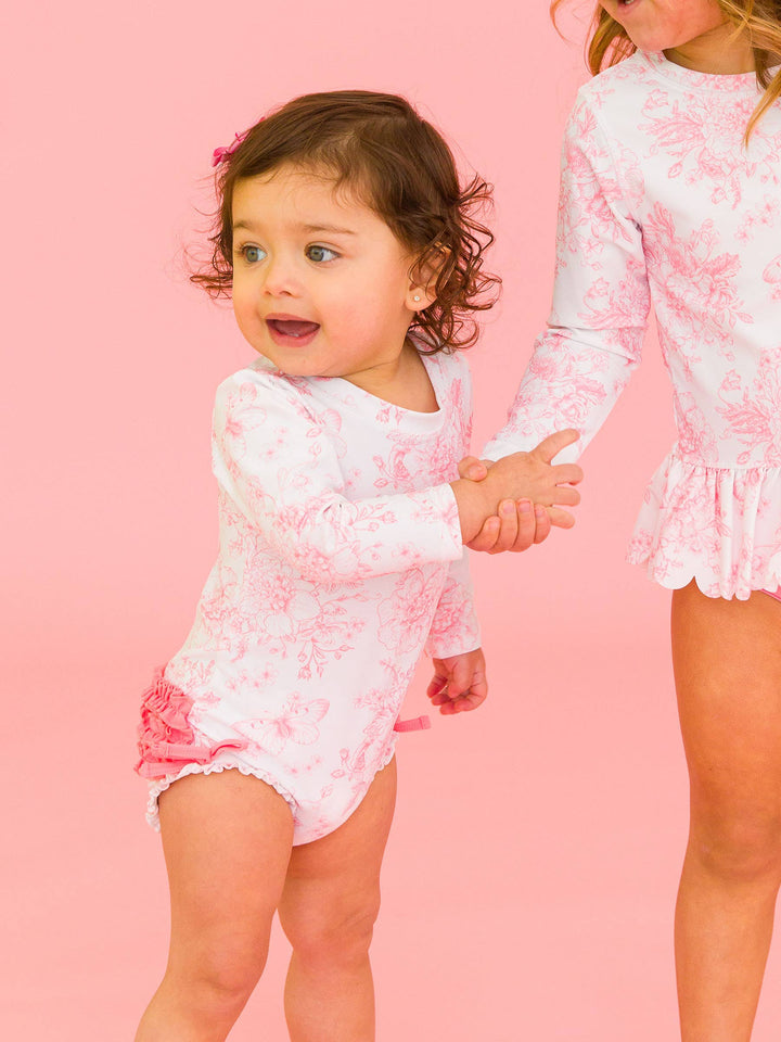 Pink Toile L/S Baby Girl Swimsuit - RuffleButts