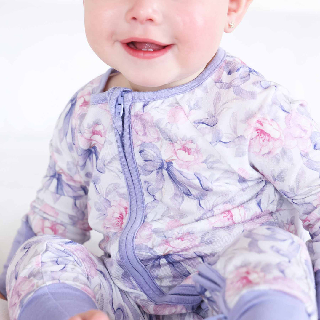 Lavender Bows & Roses Convertible Zip Romper - Caden Lane