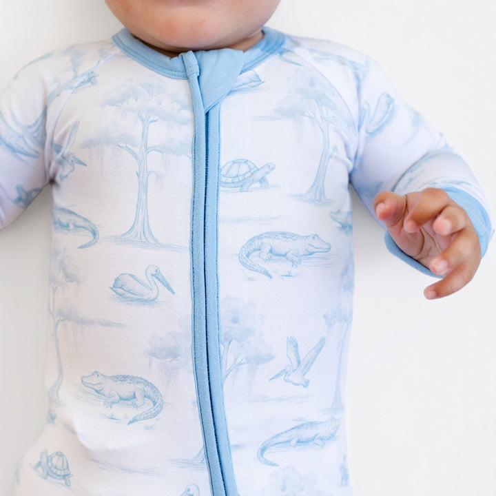 Blue Bayou Toile Zip-Up Footie - Pearls & Pelicans