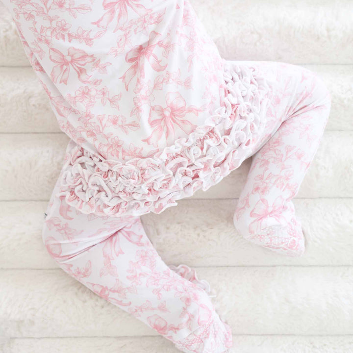Pink Fancy Frills Bows Ruffle Zipper Footie - Caden Lane