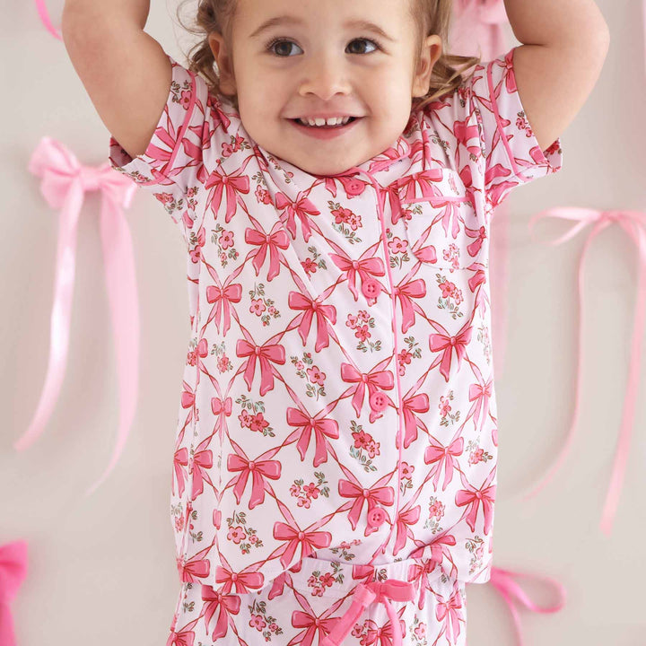 Shorts Pajama Set Pink Bows - Caden Lane