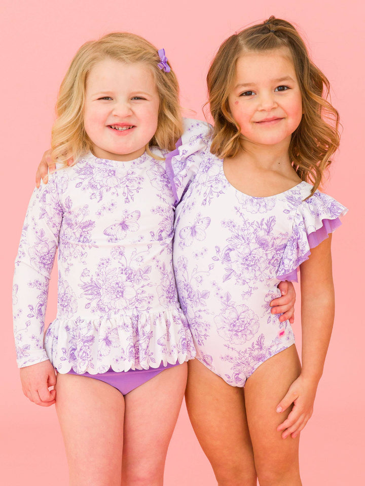 Purple Toile 2PC Rash Guard Swimsuit Set - RuffleButts