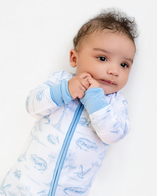 Blue Bayou Toile Zip-Up Footie - Pearls & Pelicans