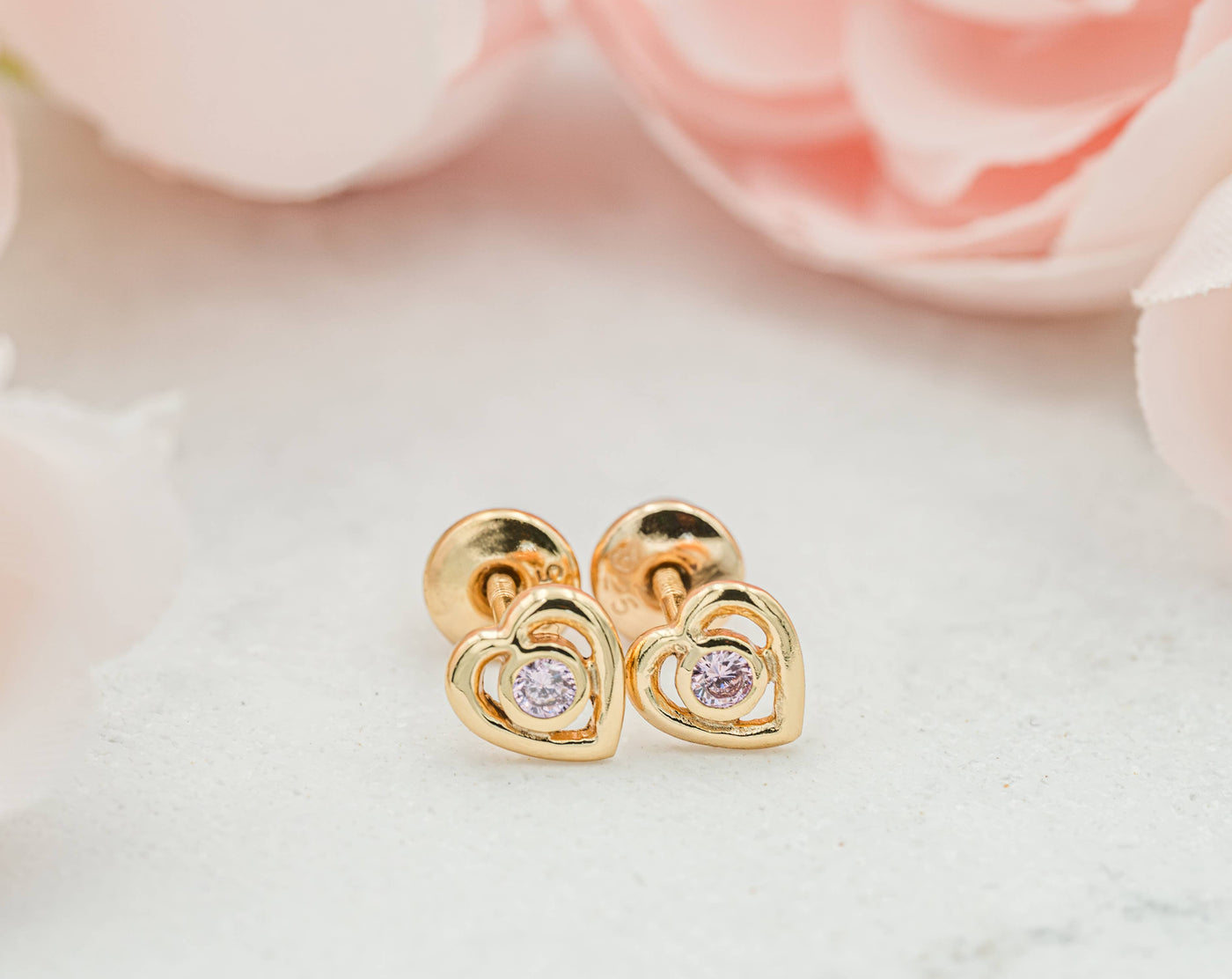 Girls 14K Gold Pink Heart Screw Back Earrings - Cherished Moments