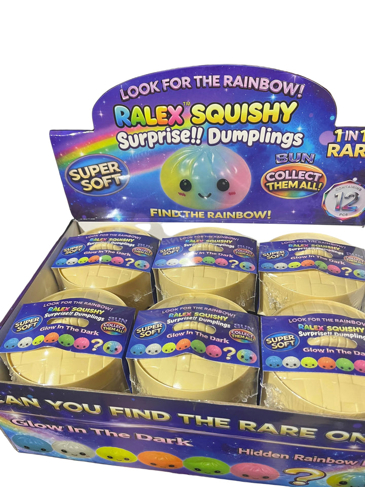 Display of Ralex Squishy Surprise Dumplings with colorful packaging and text.