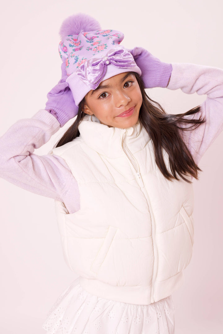 Floral Print Lavender Hat & Glove Set - OMG Accessories