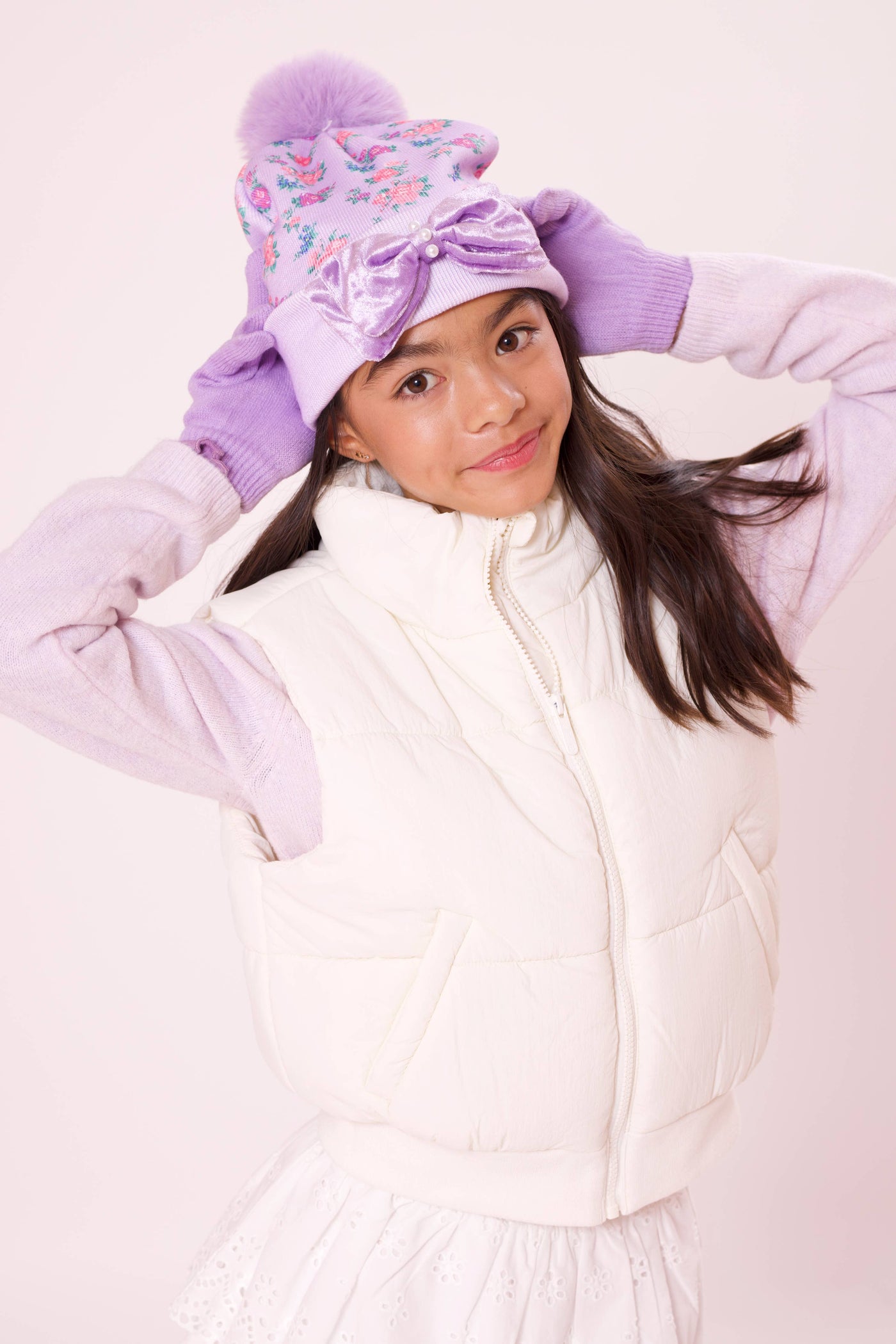 Floral Print Lavender Hat & Glove Set - OMG Accessories