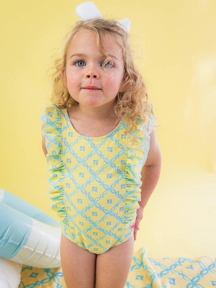 Girls Banana Coastal Charm Waterfall One Piece Swimsuit - RuffleButts