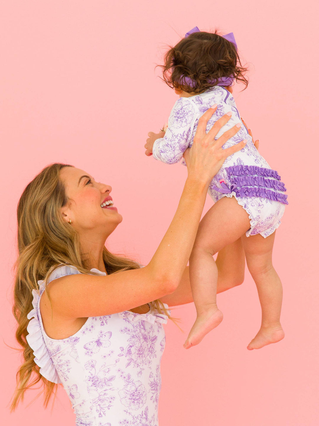 Purple Toile L/S Baby Girl Swimsuit - RuffleButts