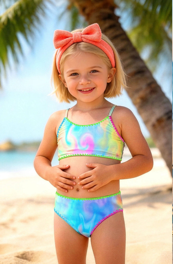 Luna Marble Print Bikini Swimsuit Set with Embroidered Trim