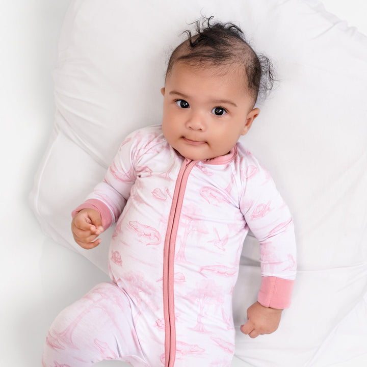 Pink Bayou Toile Zip-Up Footie - Pearls & Pelicans