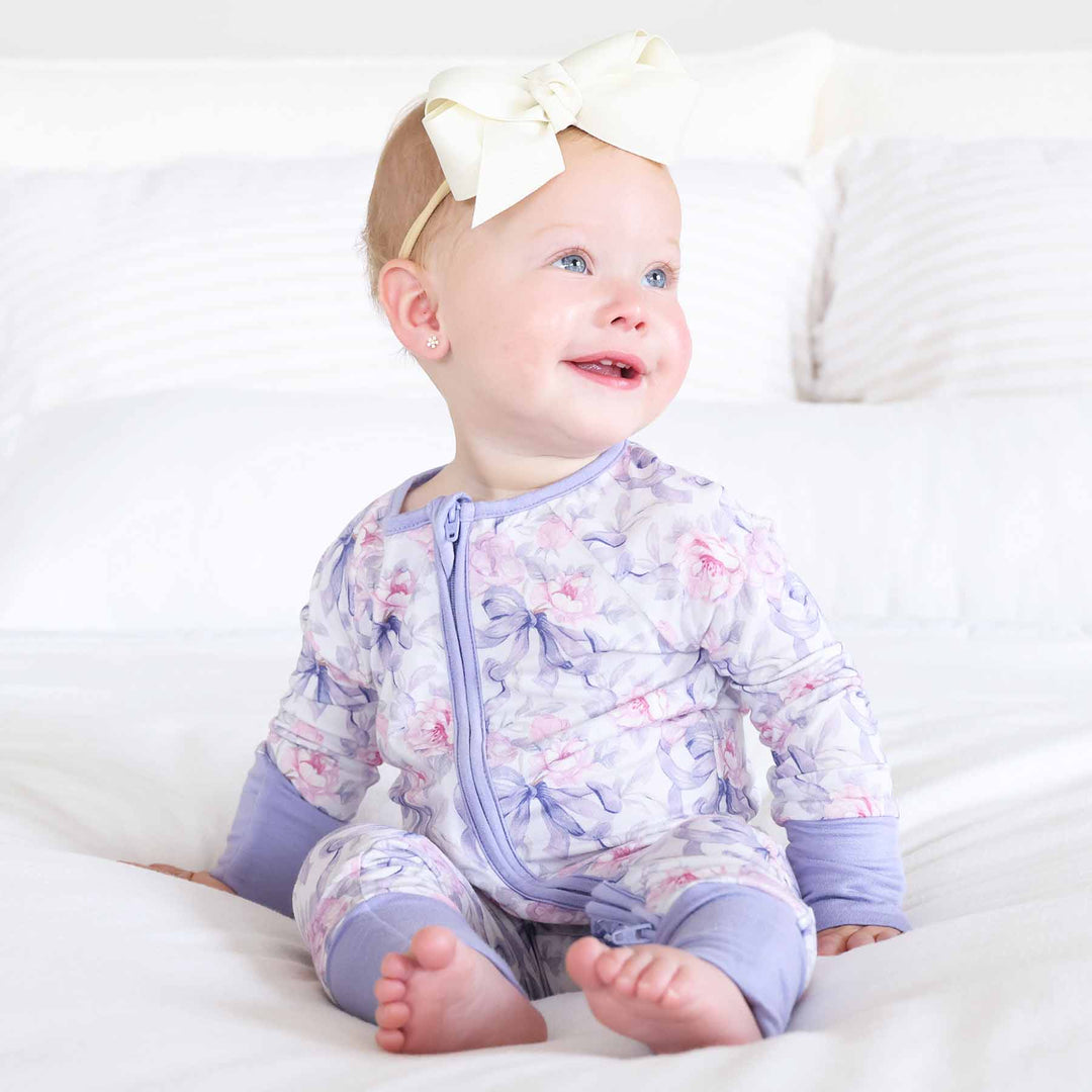 Lavender Bows & Roses Convertible Zip Romper - Caden Lane