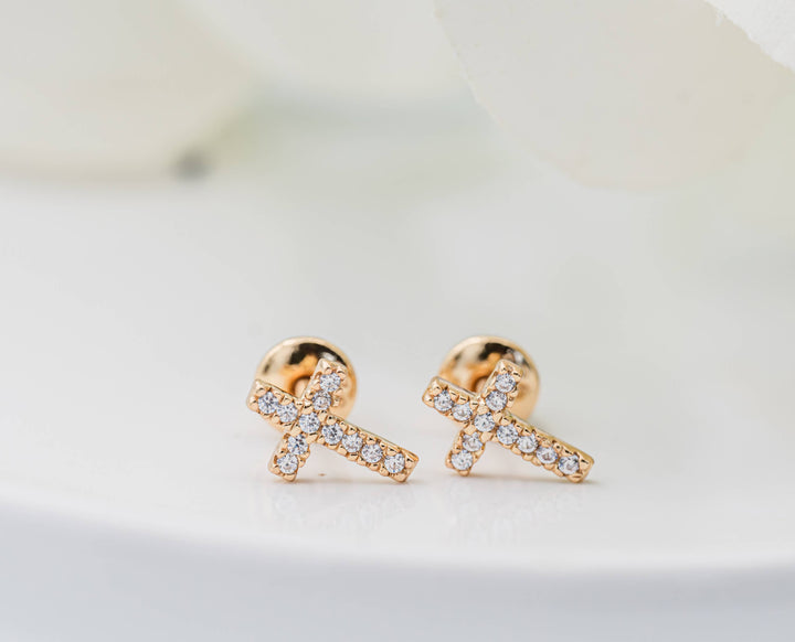14K Gold-Plated Cross CZ Earrings - Cherished Moments