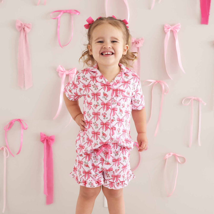 Shorts Pajama Set Pink Bows - Caden Lane