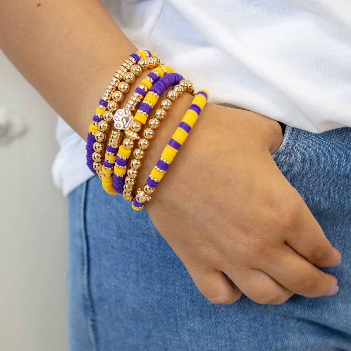 Paw Print Bead Bracelet Stack of 3 - Purple & Gold