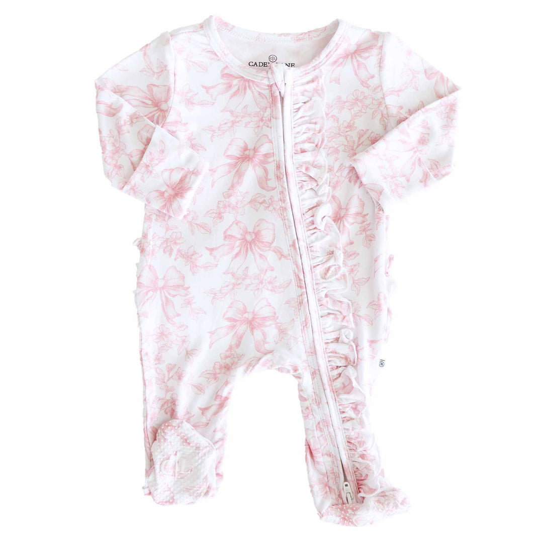 Pink Fancy Frills Bows Ruffle Zipper Footie - Caden Lane