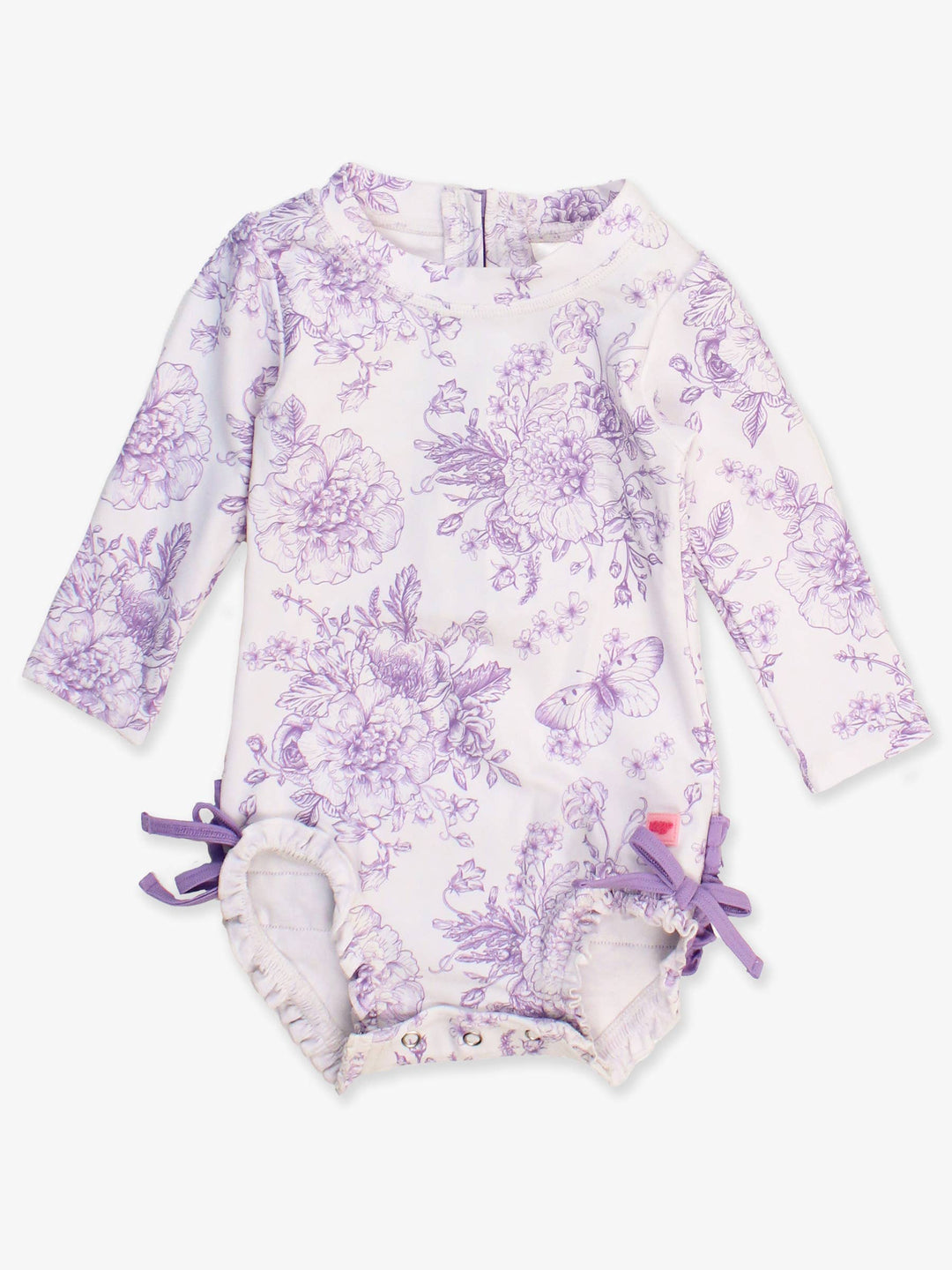Purple Toile L/S Baby Girl Swimsuit - RuffleButts