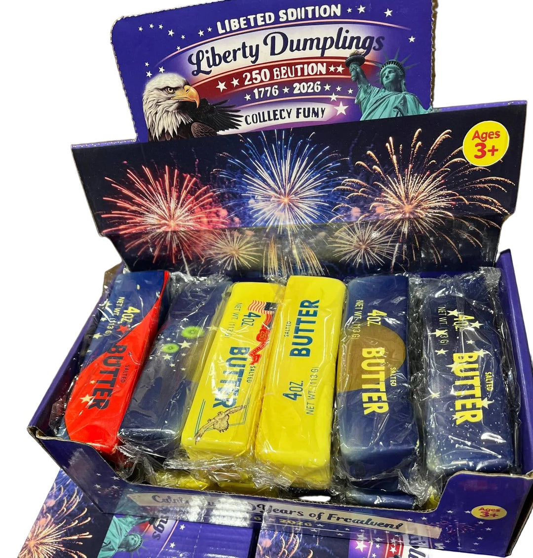 Assorted food products including Liberty Dumplings and butter packages with fireworks graphics on packaging.