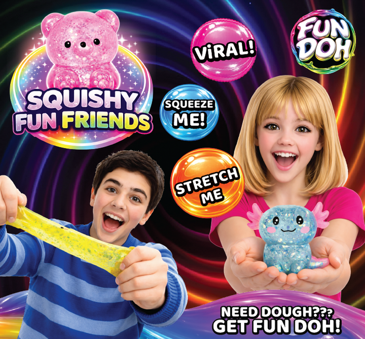 Promotional image of children playing with Squishy Fun Friends and Fun Doh toys against a colorful background.