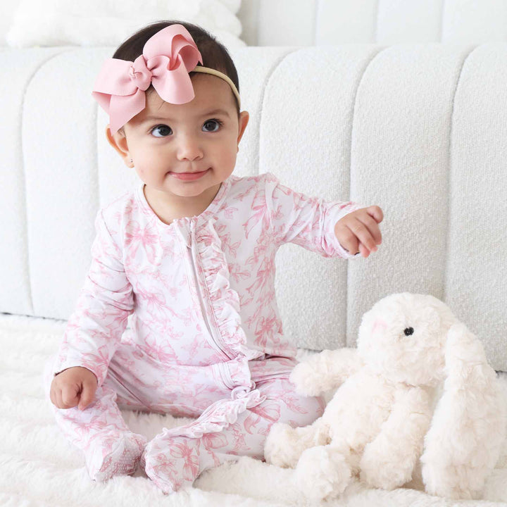 Pink Fancy Frills Bows Ruffle Zipper Footie - Caden Lane