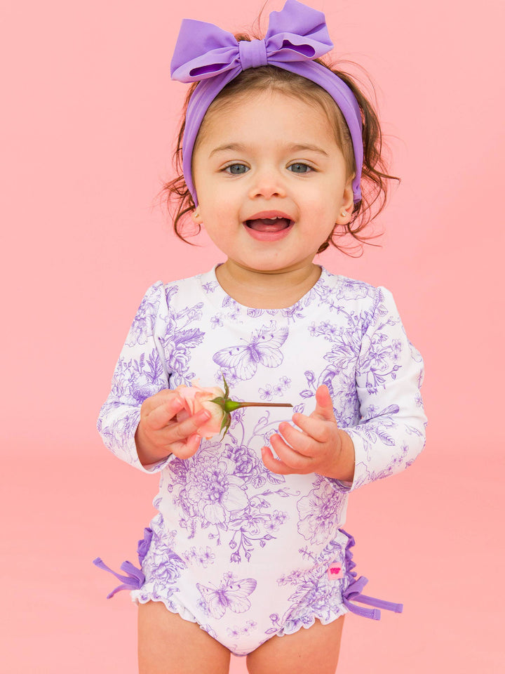 Purple Toile L/S Baby Girl Swimsuit - RuffleButts