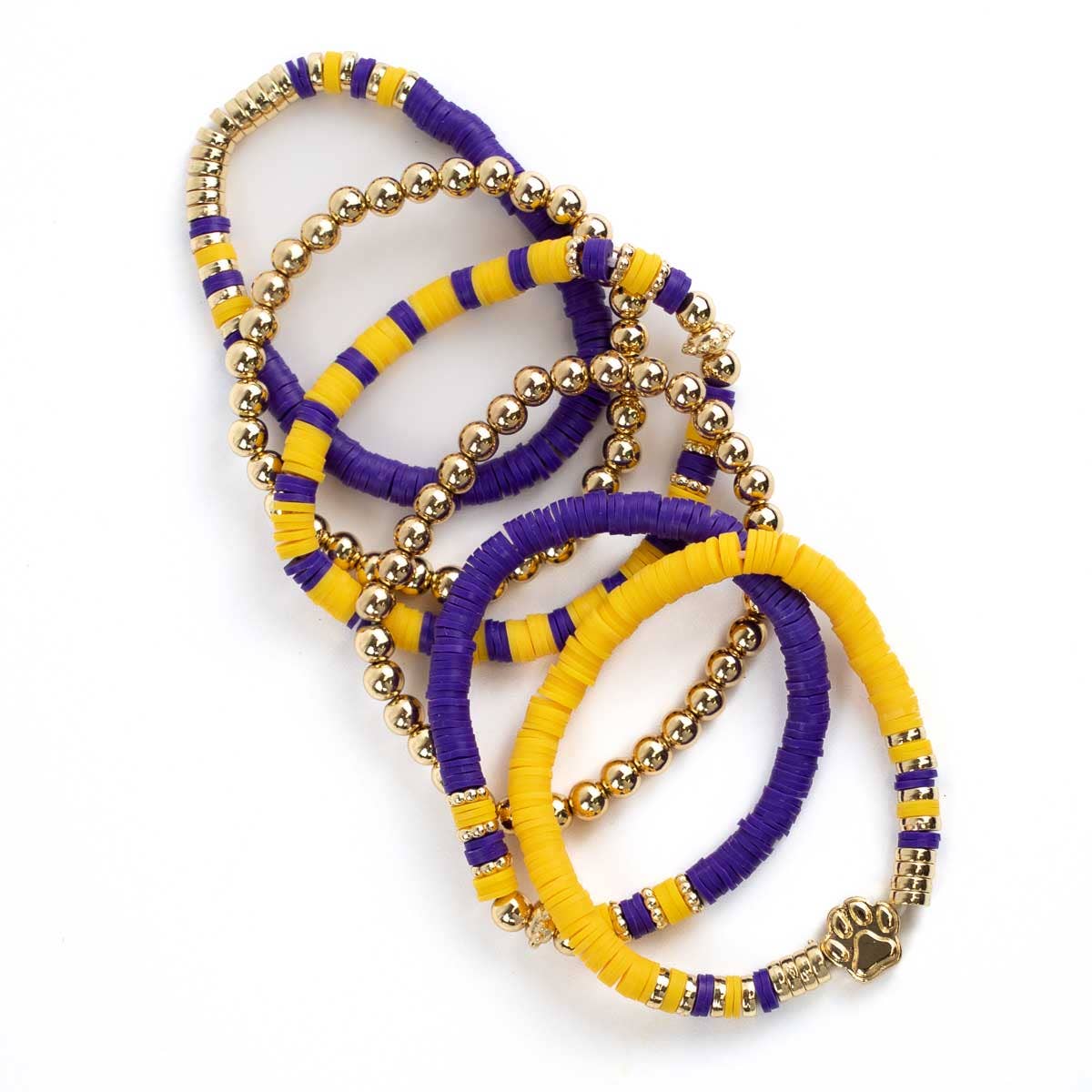 Paw Print Bead Bracelet Stack of 3 - Purple & Gold