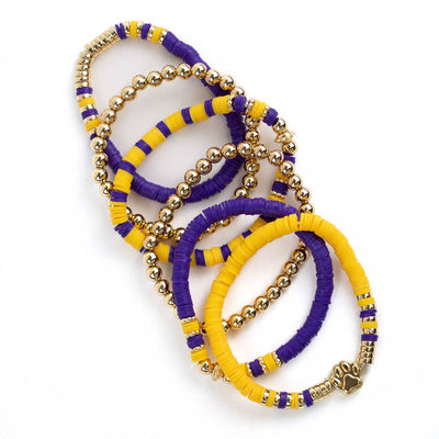 Paw Print Bead Bracelet Stack of 3 - Purple & Gold