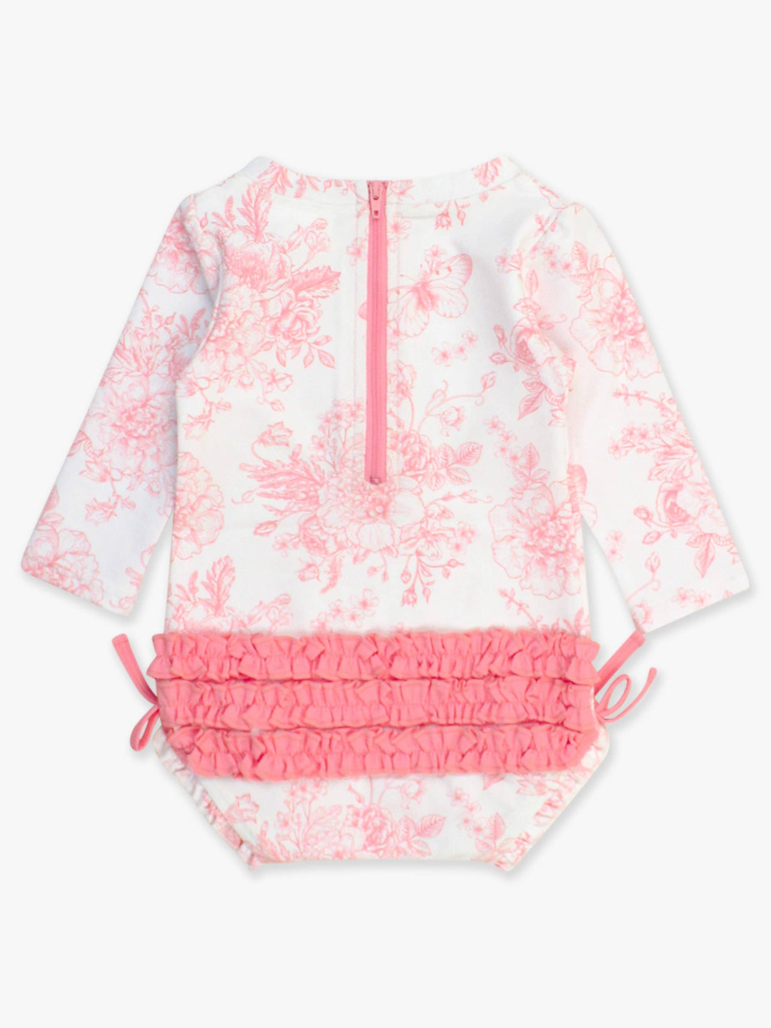 Pink Toile L/S Baby Girl Swimsuit - RuffleButts