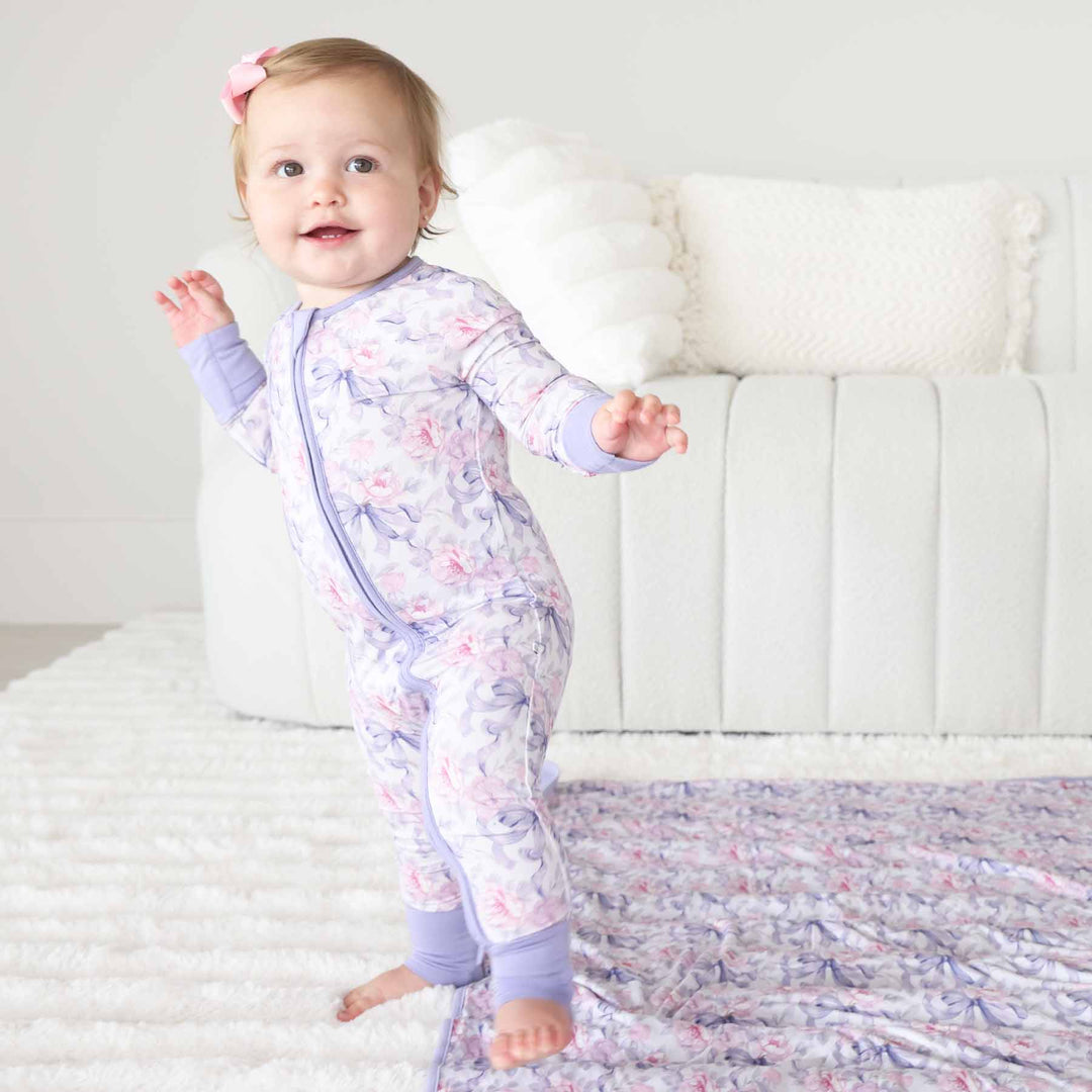 Lavender Bows & Roses Convertible Zip Romper - Caden Lane