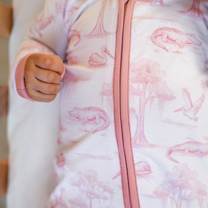 Pink Bayou Toile Zip-Up Footie - Pearls & Pelicans