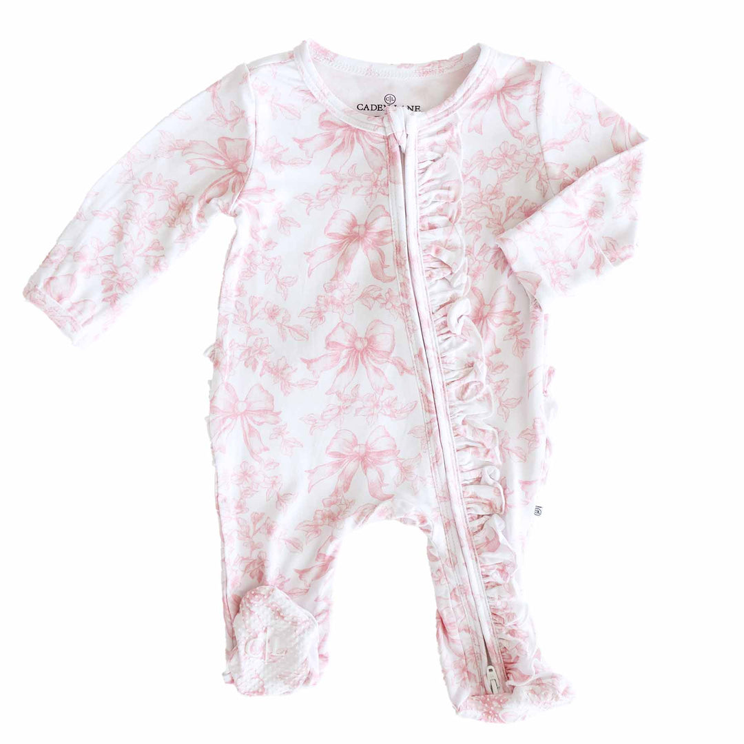 Pink Fancy Frills Bows Ruffle Zipper Footie - Caden Lane