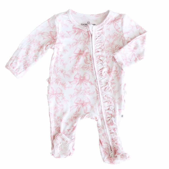 Pink Fancy Frills Bows Ruffle Zipper Footie - Caden Lane