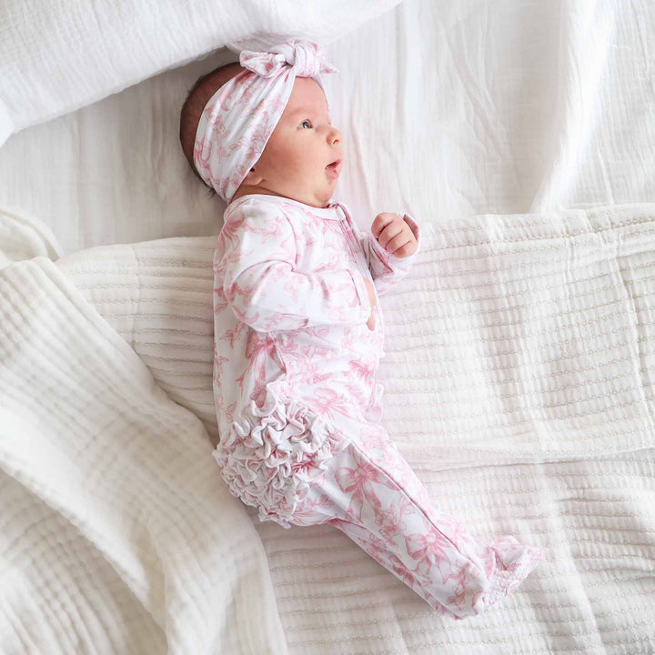 Pink Fancy Frills Bows Ruffle Zipper Footie - Caden Lane