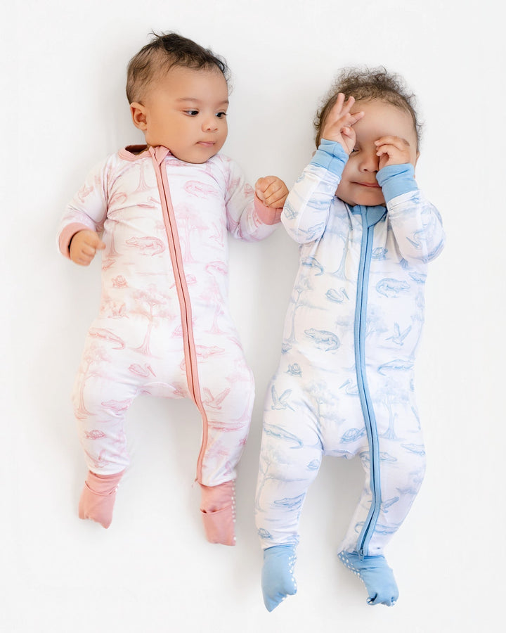 Pink Bayou Toile Zip-Up Footie - Pearls & Pelicans