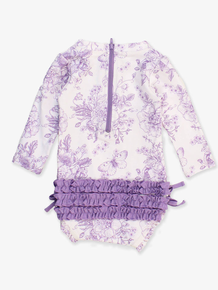Purple Toile L/S Baby Girl Swimsuit - RuffleButts