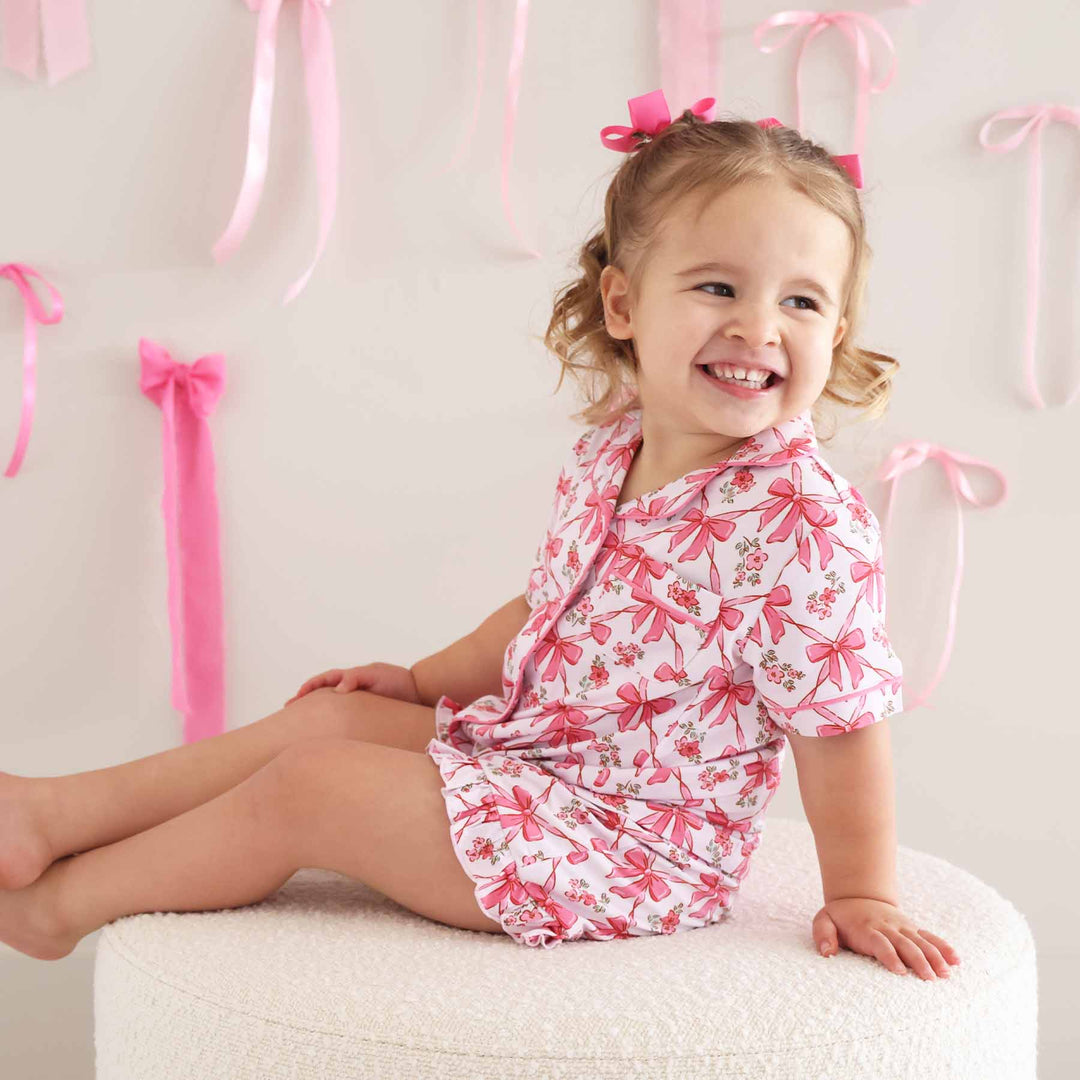 Shorts Pajama Set Pink Bows - Caden Lane
