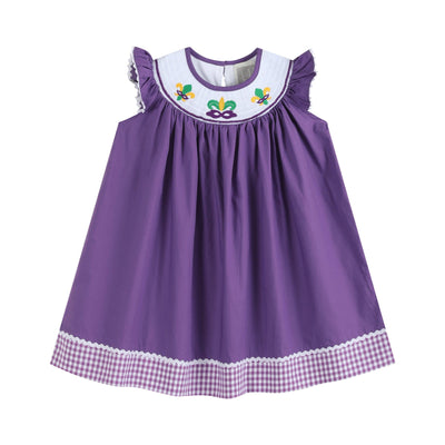 Purple and Gingham Mardi Gras Smocked Bishop Dress - Lil Cactus