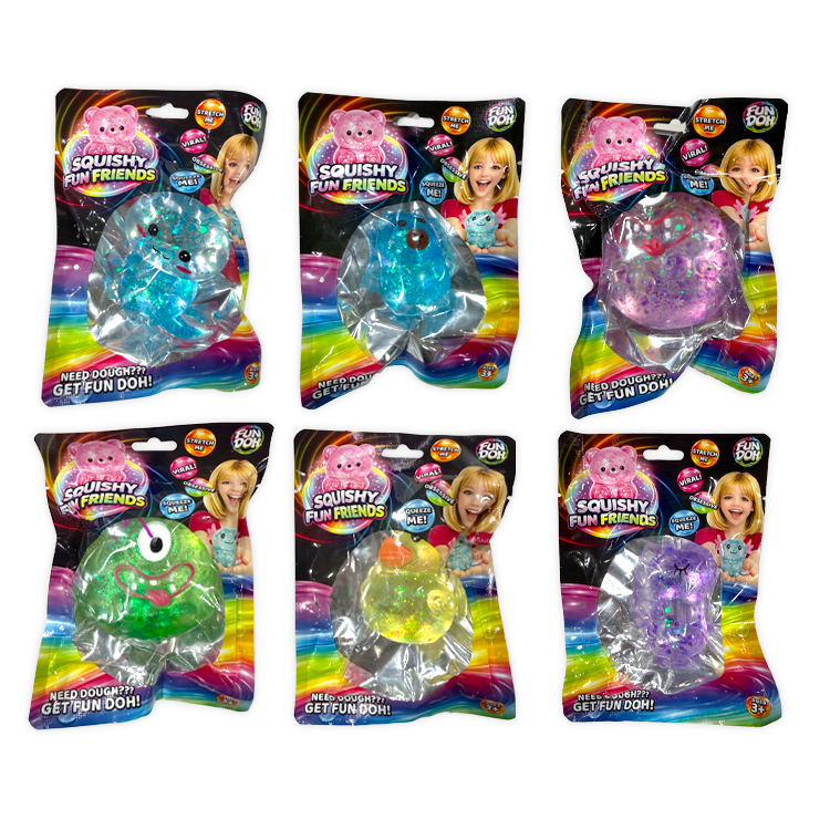 Six packaged 'Squishy Fun Friends' toy  in different colors (blue, pink, green, yellow, orange, purple) on a plain white background.