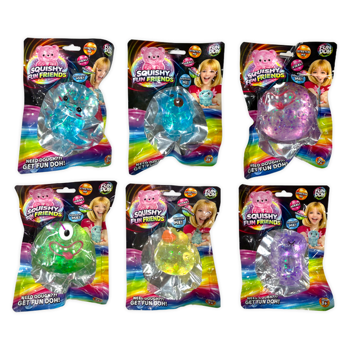 Six packaged 'Squishy Fun Friends' toy  in different colors (blue, pink, green, yellow, orange, purple) on a plain white background.