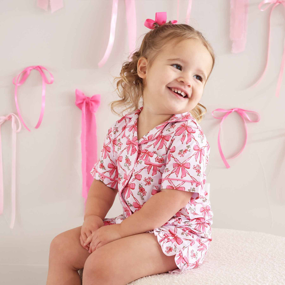 Shorts Pajama Set Pink Bows - Caden Lane