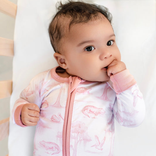 Pink Bayou Toile Zip-Up Footie - Pearls & Pelicans
