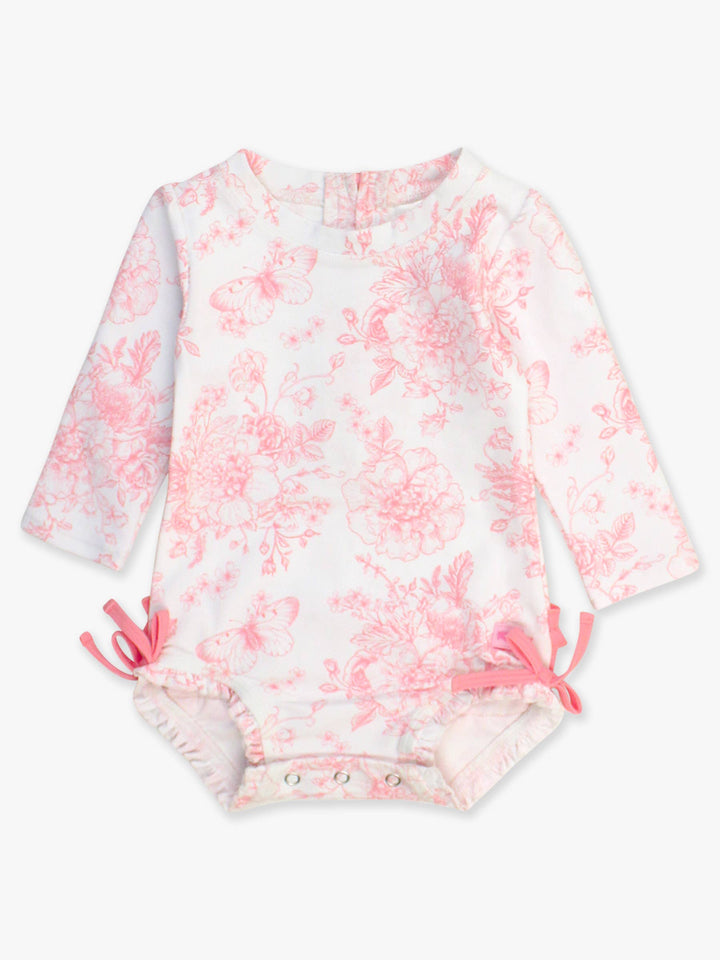 Pink Toile L/S Baby Girl Swimsuit - RuffleButts