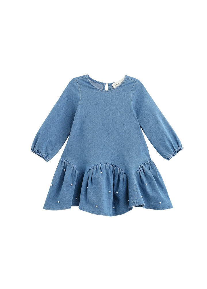 A toddler's long-sleeve blue dress with a ruffled hem and small white embroidered pearls, shown against a plain white background.
