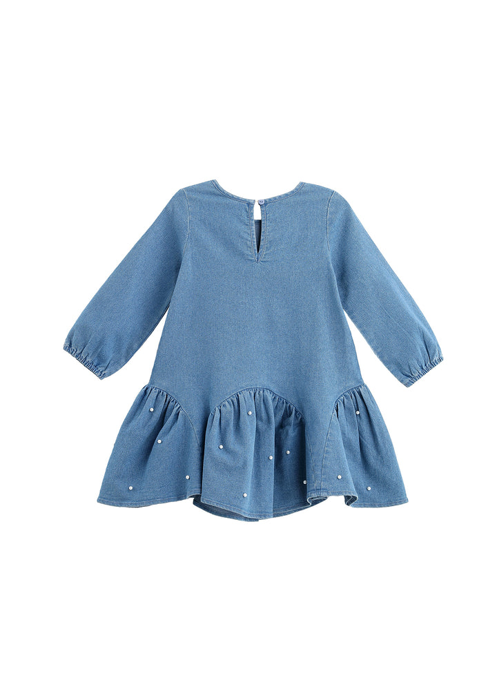 A blue long-sleeve baby dress with a ruffled hem and small white embroidered dots, shown against a plain white background.