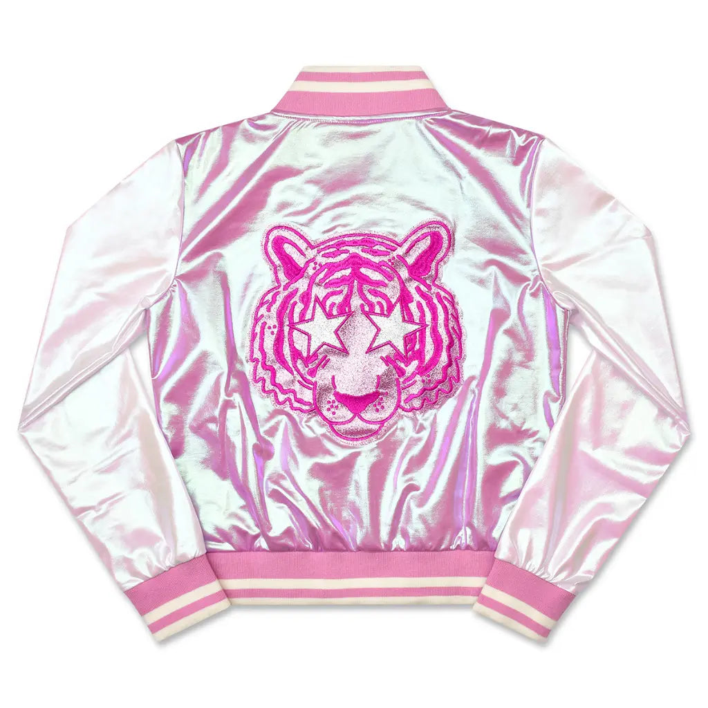 Youth Pink Tiger Metallic Varsity Jacket